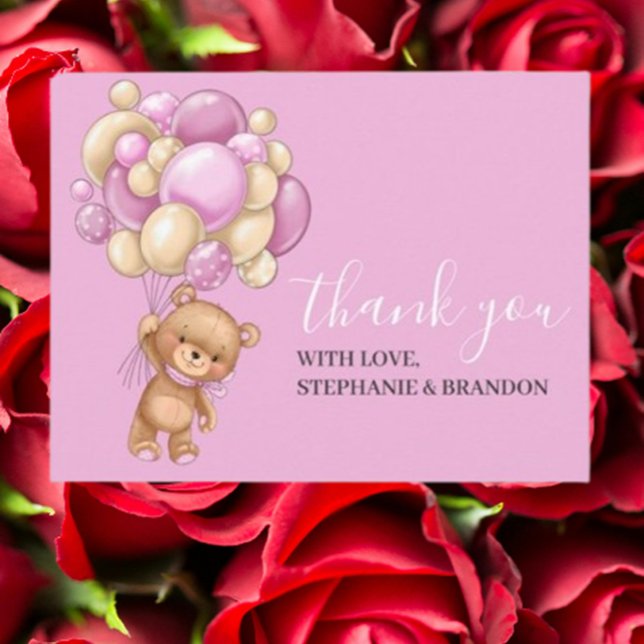 Tarjeta de agradecimiento a Teddy Bear PINK Balloo (Express heartfelt gratitude with our Teddy Bear Pink Balloons Thank You Card)