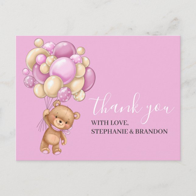 Tarjeta de agradecimiento a Teddy Bear PINK Balloo (Anverso)