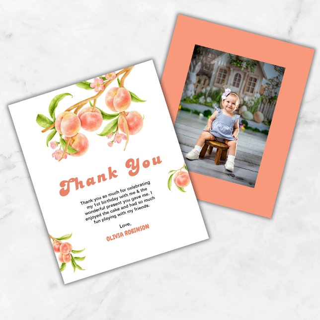 Tarjeta de agradecimiento a un dulce de la chica d (Budget One Sweet Peach 1st Birthday Photo Thank You Card )
