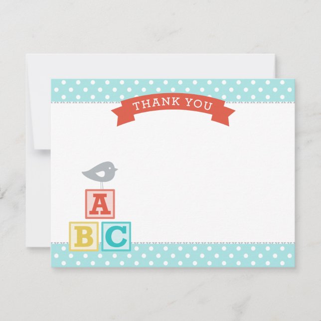 Tarjeta De Agradecimiento ABC bloquea Aqua y Red Neutral Baby Shower (Anverso)