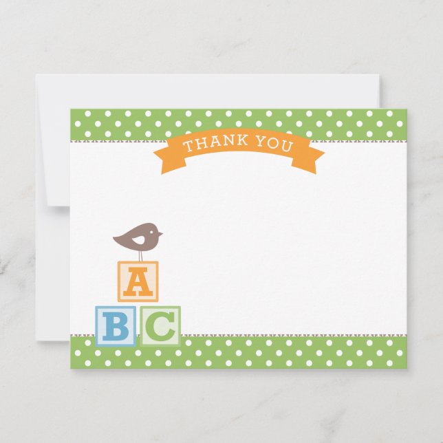Tarjeta De Agradecimiento ABC bloquea Baby Shower neutral de género verde (Anverso)