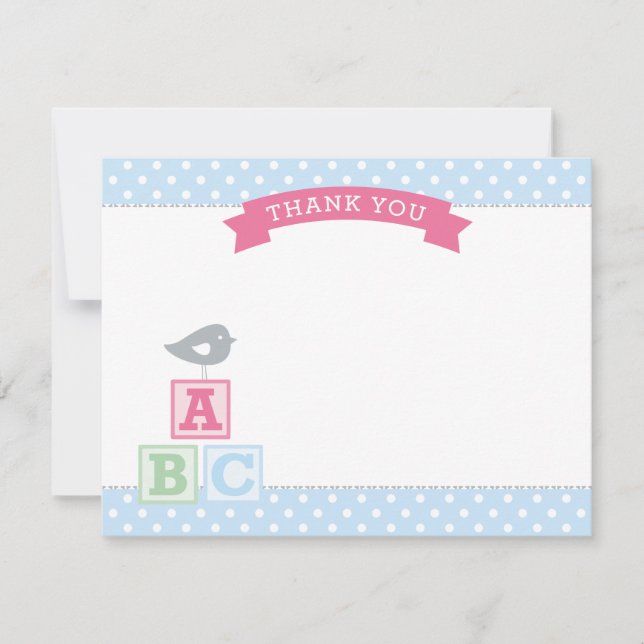 Tarjeta De Agradecimiento ABC bloquea Baby Shower rosa y azul Chica (Anverso)