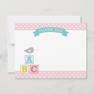 Tarjeta De Agradecimiento ABC bloquea Baby Shower rosa y Chica de Aqua