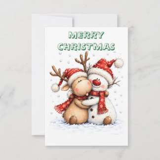 Tarjeta De Agradecimiento Abrazo de Reno de Navidad y Muñeco de Nieve Adorab