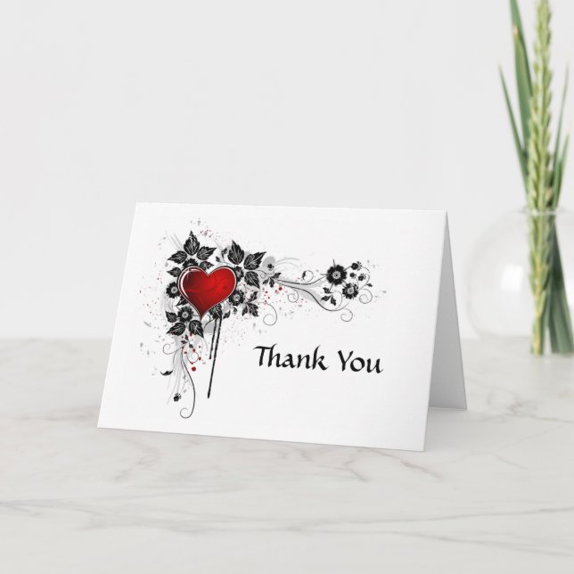 Tarjeta De Agradecimiento Abstract Black Floral Swirls Red Heart Thank You (Anverso)