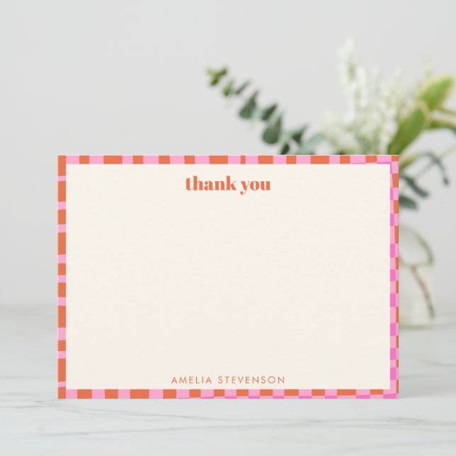 Tarjeta De Agradecimiento Abstract Checker Pink Orange Custom Baby Shower (Anverso de pie)
