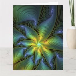 Tarjeta De Agradecimiento Abstract Star, Shiny Blue Green Golden Fractal Art