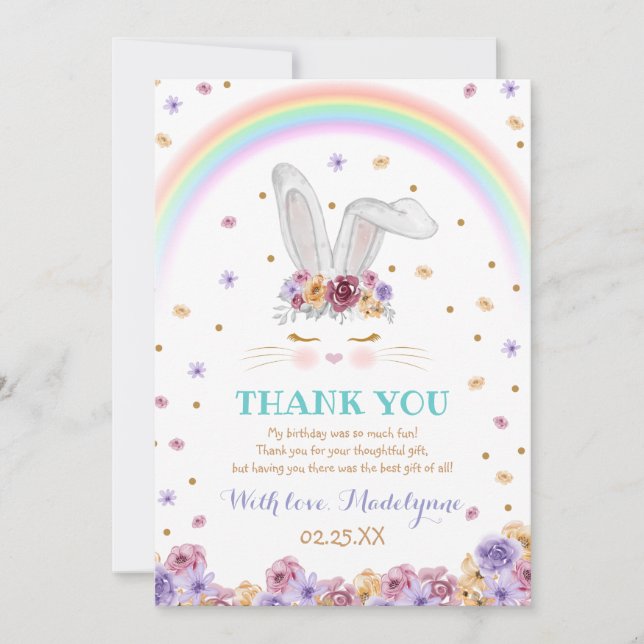 Tarjeta De Agradecimiento Abundancia arcoiris Acuarela Floral Bunny Cumpleañ (Anverso)