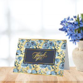 Tarjeta De Agradecimiento Acento Dorado Elegante Patrón de Rosa Azul Estilo