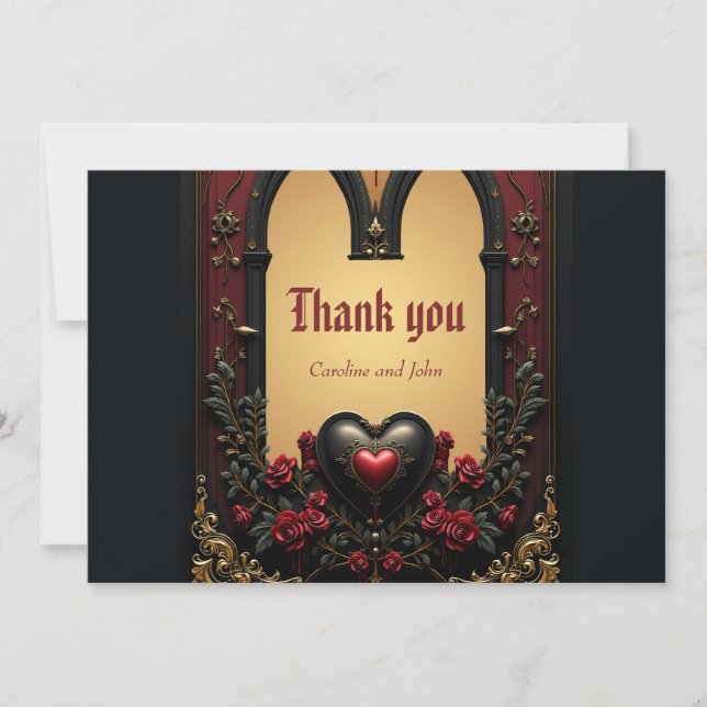 Tarjeta De Agradecimiento Acentos dorados, rosas rojas y un corazón (Anverso)