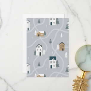 Tarjeta De Agradecimiento Acogedor invierno gris azul en pueblo nórdico