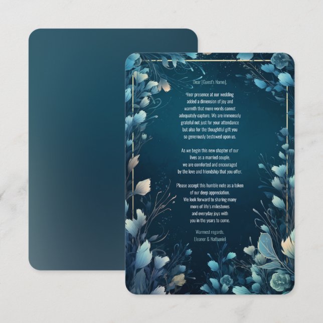 Tarjeta De Agradecimiento Acuamarina oscura y Boda floral azul Verde azulado (Anverso / Reverso)