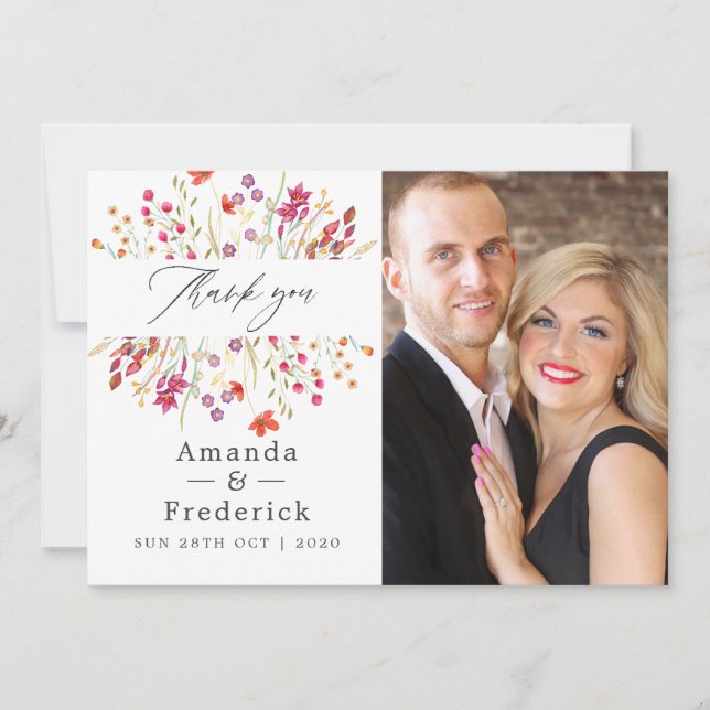 Tarjeta De Agradecimiento Acuarela Aquarelle Boda de flores silvestres (Anverso)