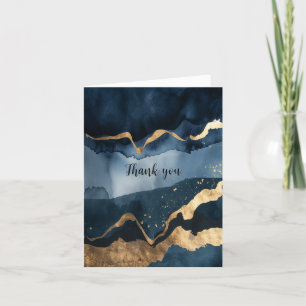 Tarjeta De Agradecimiento acuarela azul con flecos dorados