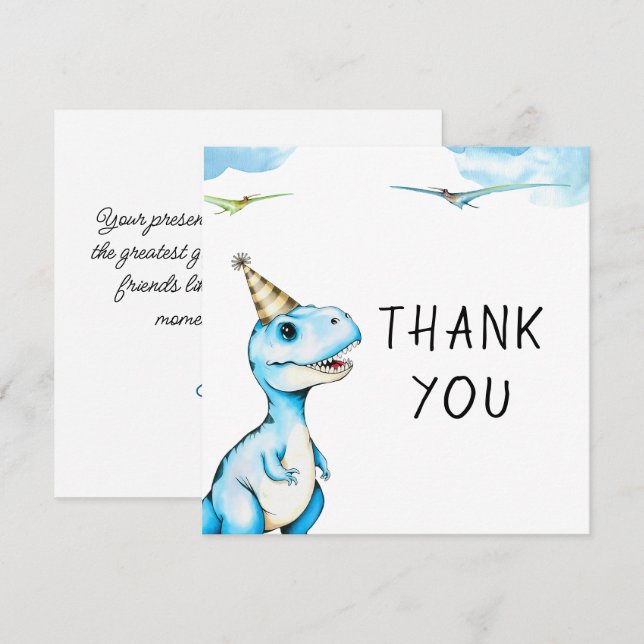 Tarjeta De Agradecimiento Acuarela Azul Cumpleaños del Dinosaurio Rex Tres (Anverso / Reverso)