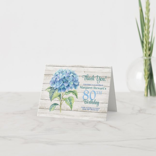 Tarjeta De Agradecimiento Acuarela Azul Hidrangea 80 cumpleaños (Anverso)
