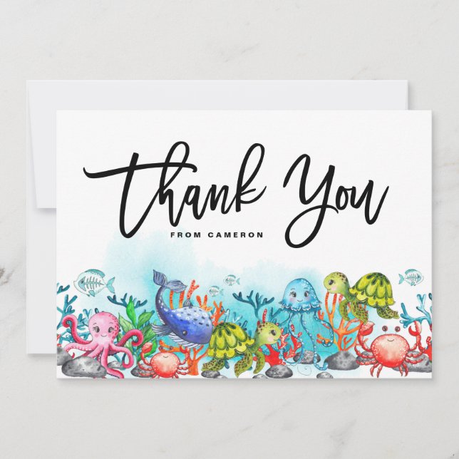 Tarjeta De Agradecimiento Acuarela bajo la fiesta de cumpleaños del mar (Anverso)