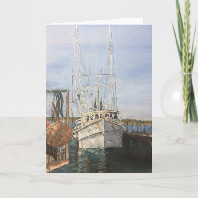 Tarjeta De Agradecimiento Acuarela Barco de camarón Océano de pesca costera (Anverso)