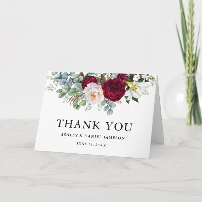 Tarjeta De Agradecimiento Acuarela Borgoña Floral Verdor Boda B Fold (Anverso)