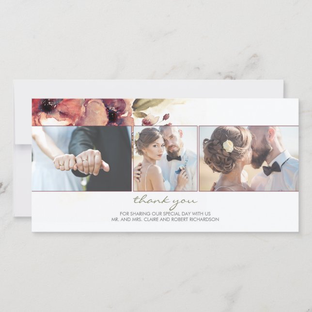 Tarjeta De Agradecimiento Acuarela Burgundy Flower Photo Boda Gracias (Anverso)