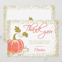 Tarjeta De Agradecimiento Acuarela Calabaza Oro Purpurina Caída Gracias