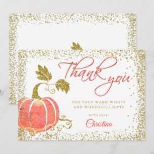 Tarjeta De Agradecimiento Acuarela Calabaza Oro Purpurina Caída Gracias