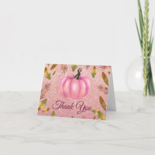 Tarjeta De Agradecimiento Acuarela Calabaza Otoñal Rosa Dorado Brillo Rosa