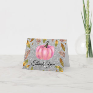 Tarjeta De Agradecimiento Acuarela Calabaza Otoño Glitter Plateado Rosa