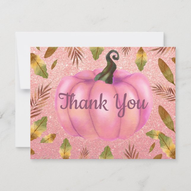 Tarjeta De Agradecimiento Acuarela Calabaza Otoño Rosa Dorado Brillo Rosa (Anverso)