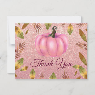 Tarjeta De Agradecimiento Acuarela Calabaza Otoño Rosa Dorado Brillo Rosa
