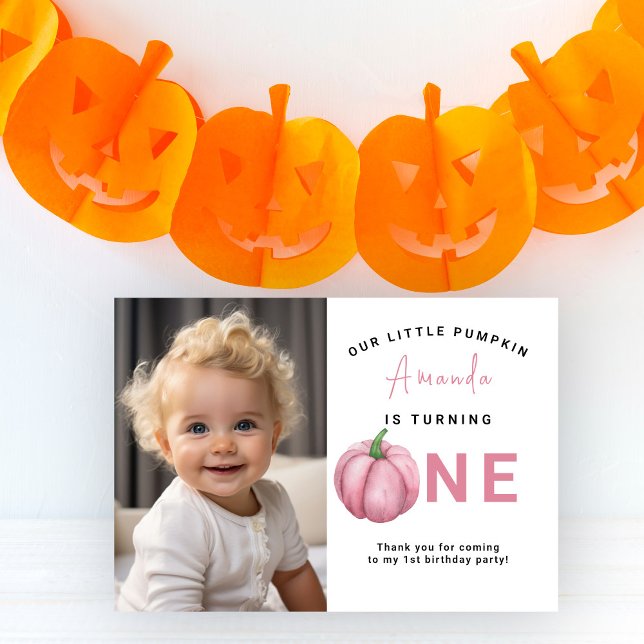 Tarjeta De Agradecimiento Acuarela Calabaza rosa primera fiesta de cumpleaño (Subido por el creador)