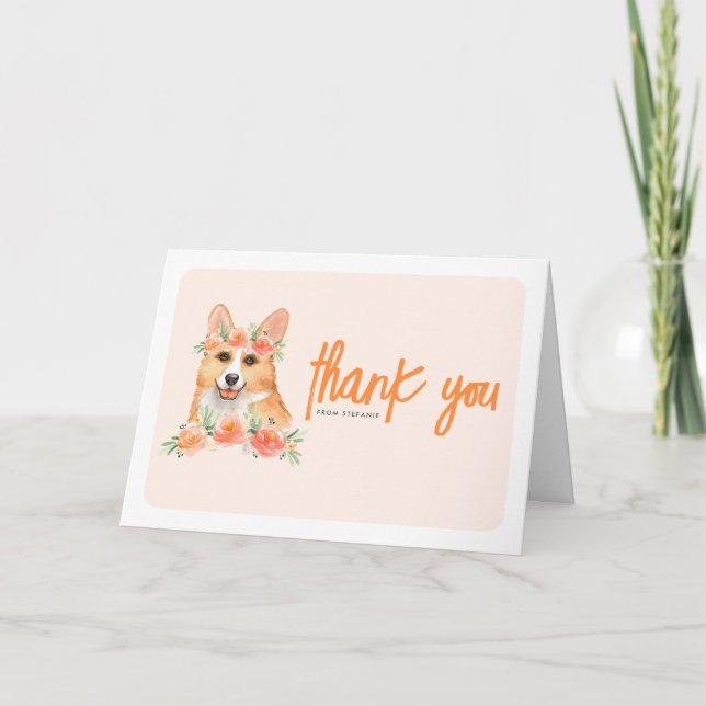Tarjeta De Agradecimiento Acuarela Corgi y Flores de Peach Dog Cumpleaños (Anverso)