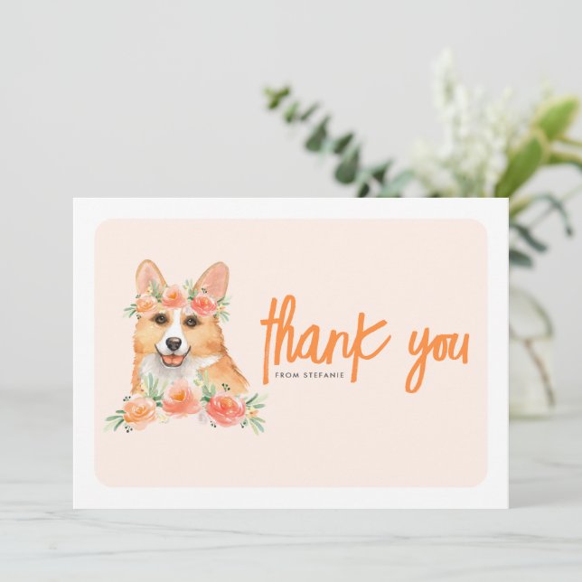 Tarjeta De Agradecimiento Acuarela Corgi y Flores Peach Cumpleaños (Anverso de pie)