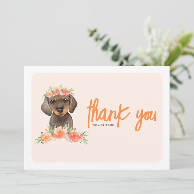 Tarjeta De Agradecimiento Acuarela Dachshund y Flores Peach Cumpleaños (Anverso de pie)
