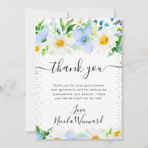 Tarjeta De Agradecimiento Acuarela Daisies y Flores Azules Quinceañera
