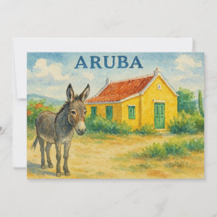 Tarjeta De Agradecimiento Acuarela de burro de Aruba y casa Cunucu