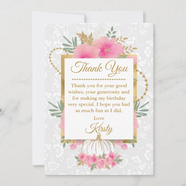 Tarjeta De Agradecimiento Acuarela de calabaza rosa Relieve metalizado dorad (Anverso)