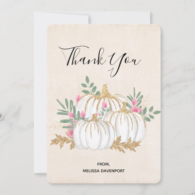 Tarjeta De Agradecimiento Acuarela de calabazas blancas y doradas Gracias (Anverso)