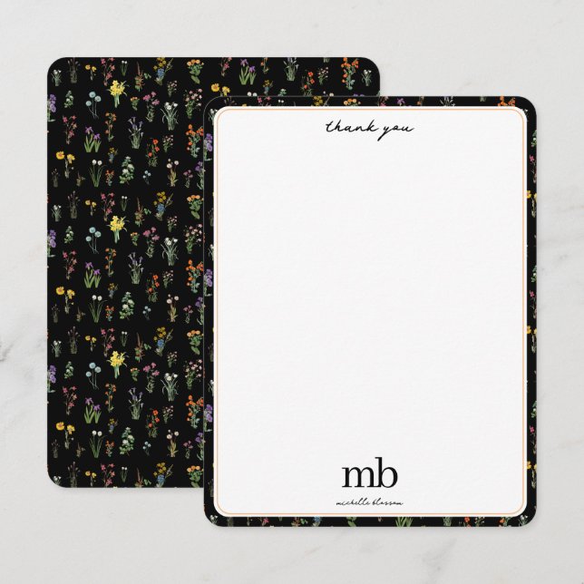Tarjeta De Agradecimiento Acuarela de Flor silvestre Flora Botánica Negra (Anverso / Reverso)