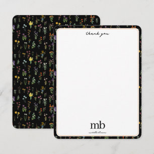 Tarjeta De Agradecimiento Acuarela de Flor silvestre Flora Botánica Negra