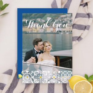 Tarjeta De Agradecimiento Acuarela de mosaico mediterráneo Lemons Boda azul