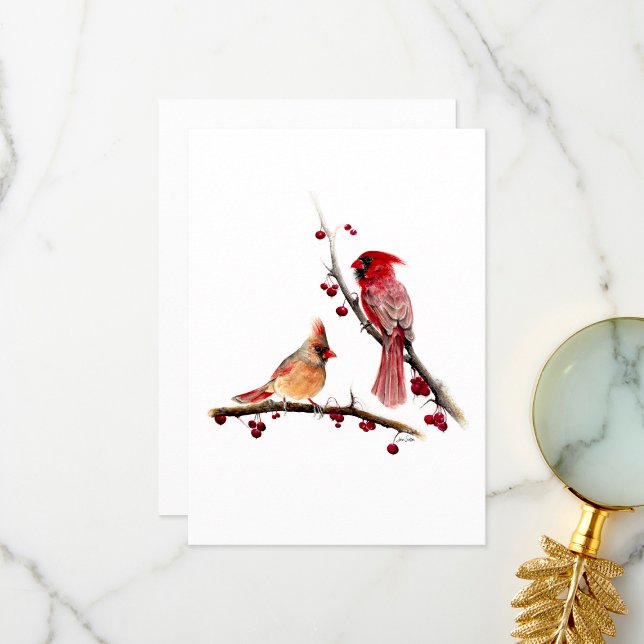 Tarjeta De Agradecimiento Acuarela de par cardinal (Winter Cardinal Pair Thank You Card by Jenn Steffen Art)
