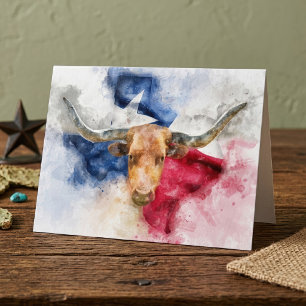 Tarjeta De Agradecimiento Acuarela de Texas Longhorn con mapa artístico de b
