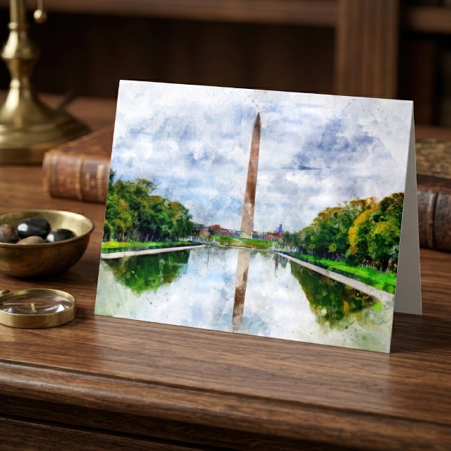 Tarjeta De Agradecimiento Acuarela del Monumento a Washington con reflejo (Washington Monument Watercolor with Reflection. Letterpress Thank You Card)