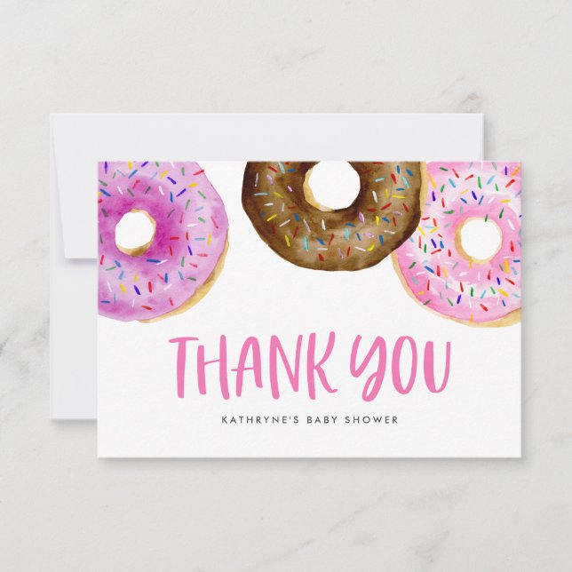 Tarjeta De Agradecimiento Acuarela Donuts rosados Bebé Espolvorear (Anverso)
