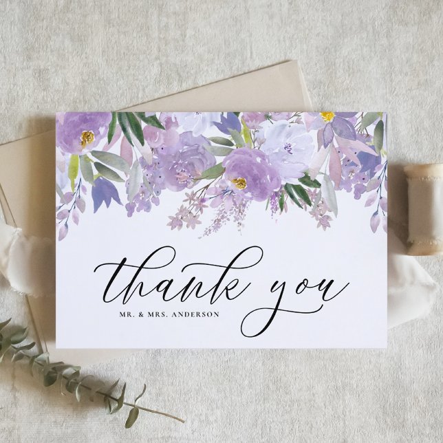 Tarjeta De Agradecimiento Acuarela Dusty Purple Flowers Garland Boda (Subido por el creador)