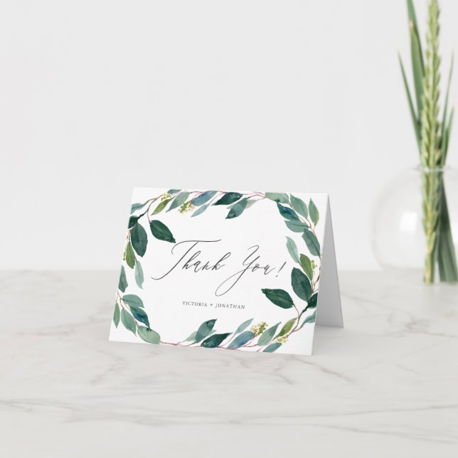 Tarjeta De Agradecimiento Acuarela Eucalyptus Wreath Boda Gracias (Anverso)