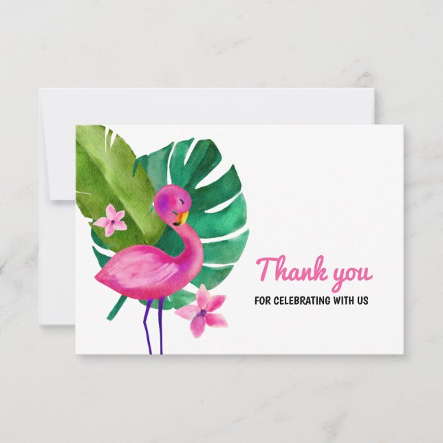 Tarjeta De Agradecimiento Acuarela Flamingo Rosado Tropical Gracias (Anverso)