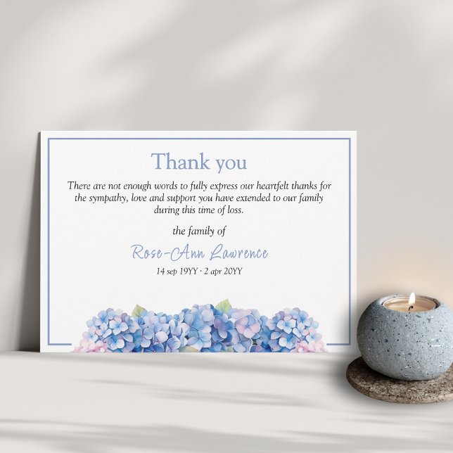Tarjeta De Agradecimiento Acuarela floral azul hidrangea funeral (Funeral thank you card from family with floral botanical details and color frame, blue hortensia)