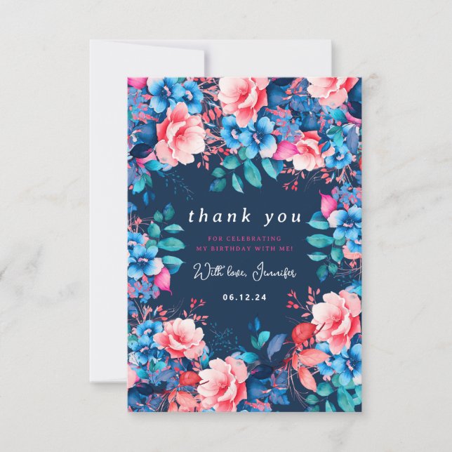 Tarjeta De Agradecimiento Acuarela Floral Cumpleaños Gracias Navía De Mesa (Anverso)